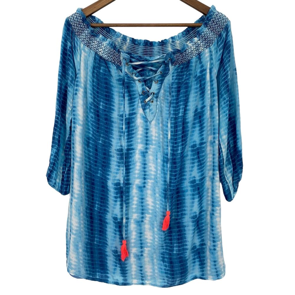 DIZZY LIZZY Tie Dye Tassel Detail Off the Shoulder Tunic Blouse Blue Size Large